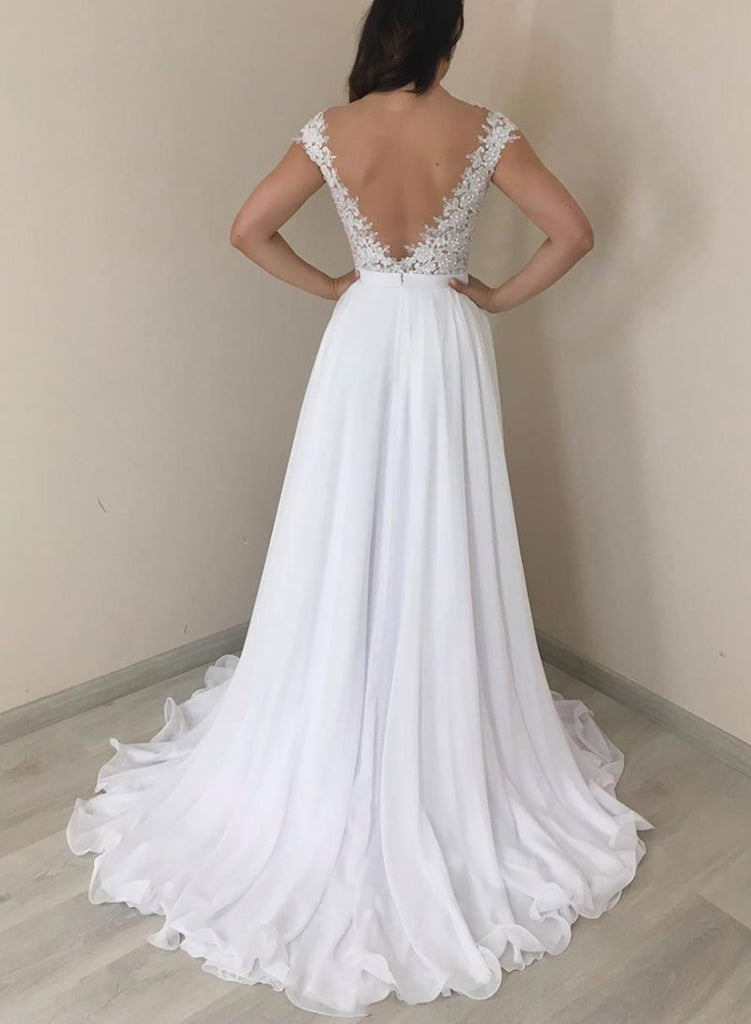 elegant white prom dresses A Line Round Neck Backless White Prom Dresses, Backless White Wedding – jbydress