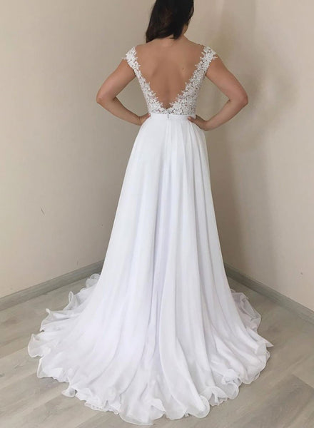 A Line Round Neck Backless White Prom Dresses, Backless White Wedding Formal Evening Dresses
