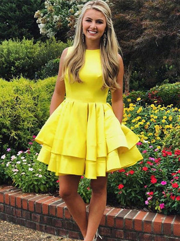A Line Round Neck Short Yellow Prom Dresses, Short Yellow Formal Graduation Homecoming Dresses