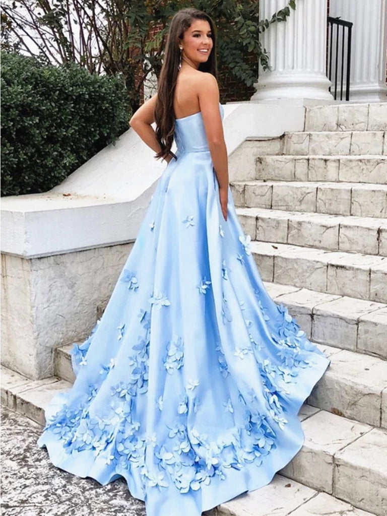 A Line Sky Blue Long Prom Dress with 3D Flowers, 3D Floral Long
