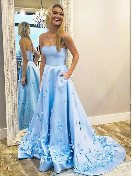 A Line Sky Blue Long Prom Dress with 3D Flowers, 3D Floral Long Blue Formal Evening Dresses
