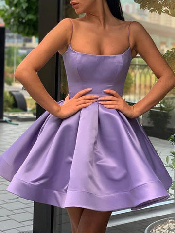 A Line Spaghetti Straps Short Purple Prom Dresses, Short Purple Formal Homecoming Dresses