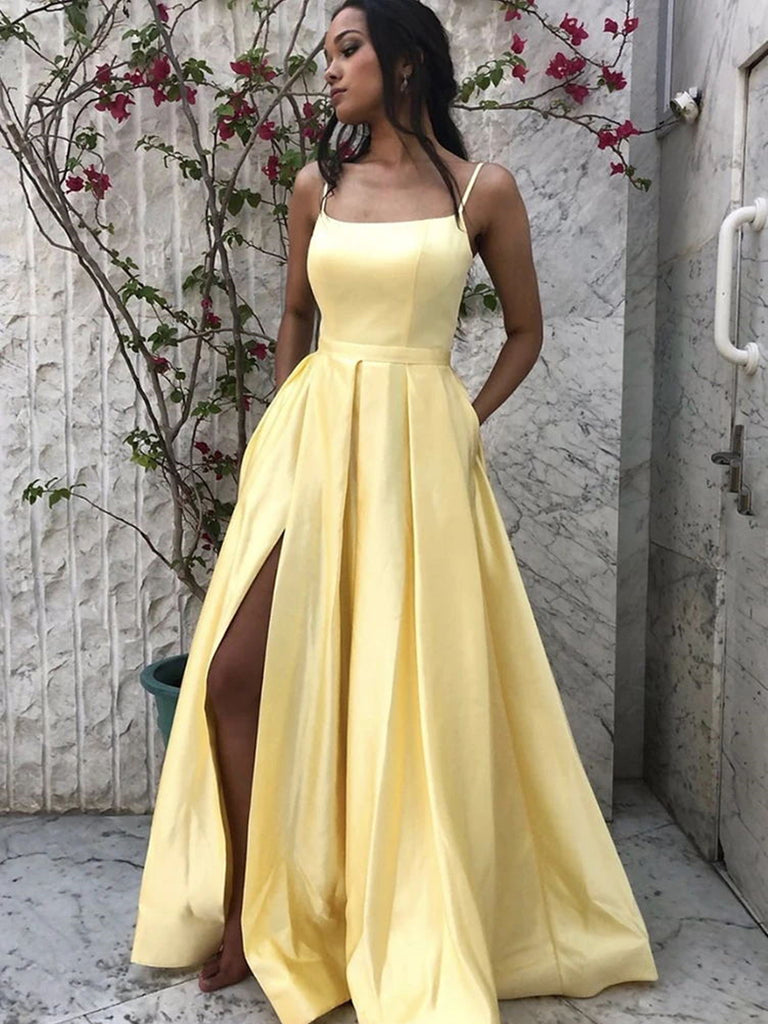 A Line Spaghetti Straps Yellow Long Prom Dresses, Yellow Long Formal Evening Dresses