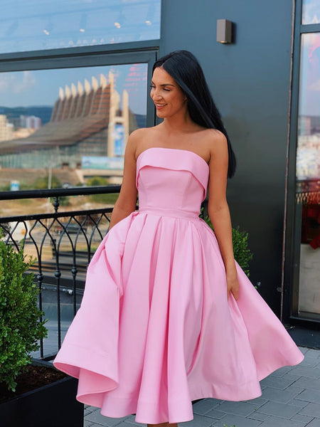 Short Strapless Pink Yellow Prom Dresses, Short Pink Yellow Formal Homecoming Dresses