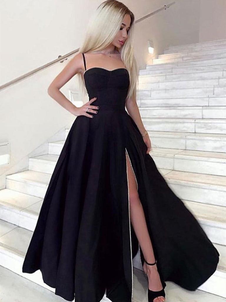 A Line Sweetheart Neck Black Prom Dresses Long, Black Long Formal