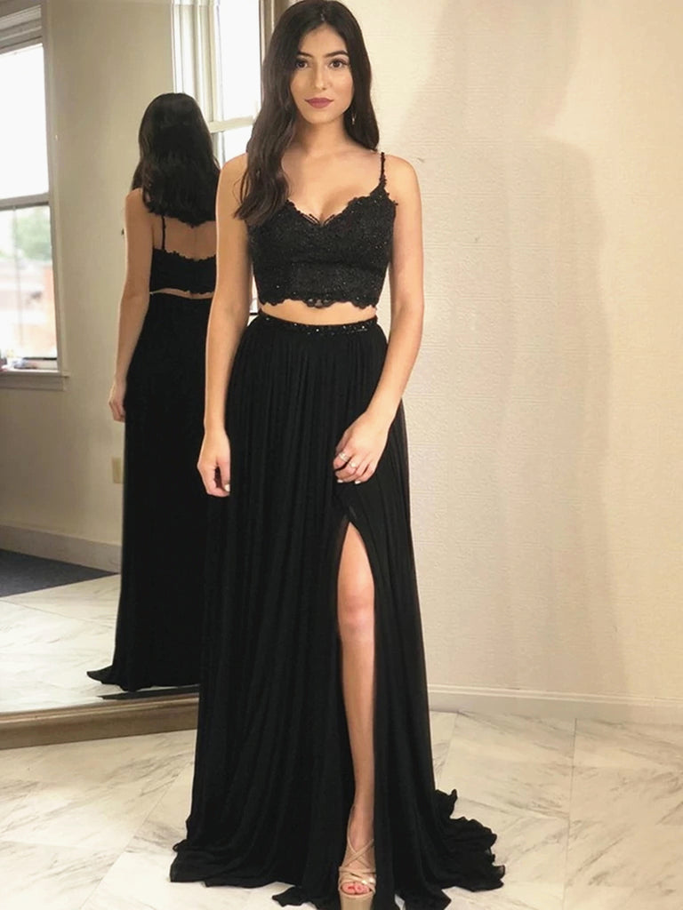 A Line V Neck 2 Pieces Black Lace Prom Dresses, Two Pieces Black Lace jbydress A Line V Neck 2 Pieces Black Lace Prom Dresses, Two Pieces Black Lace jbydress