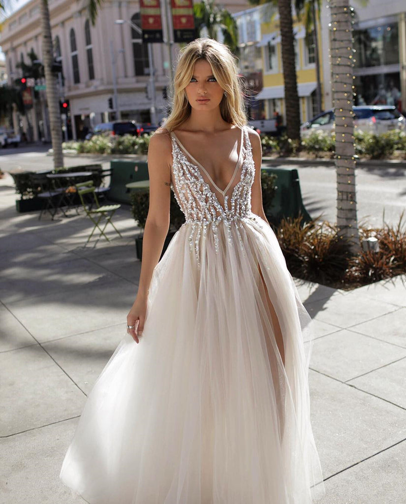 backless tulle dress Tulle A-Line Two Pieces Long Sleeves Backless Wedding Dresses, MW530