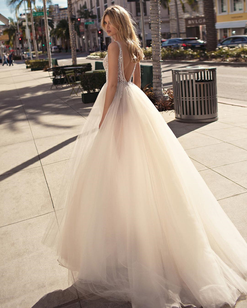 A Line V Neck Backless Beaded Tulle Prom Dresses, Ivory V Neck Backles jbydress A Line V Neck Backless Beaded Tulle Prom Dresses, Ivory V Neck Backles jbydress