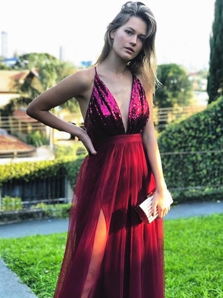 A Line V Neck Backless Burgundy Prom Dresses, Backless Burgundy Formal jbydress A Line V Neck Backless Burgundy Prom Dresses, Backless Burgundy Formal jbydress