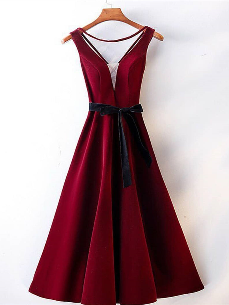 A Line V Neck Backless Burgundy Tea Length Prom Dresses, Tea Length Bu jbydress A Line V Neck Backless Burgundy Tea Length Prom Dresses, Tea Length Bu jbydress