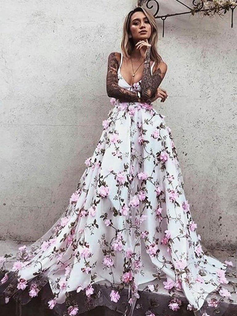 A Line V Neck Backless Pink Floral Lace Prom Dresses, Pink 3D Flower L jbydress A Line V Neck Backless Pink Floral Lace Prom Dresses, Pink 3D Flower L jbydress