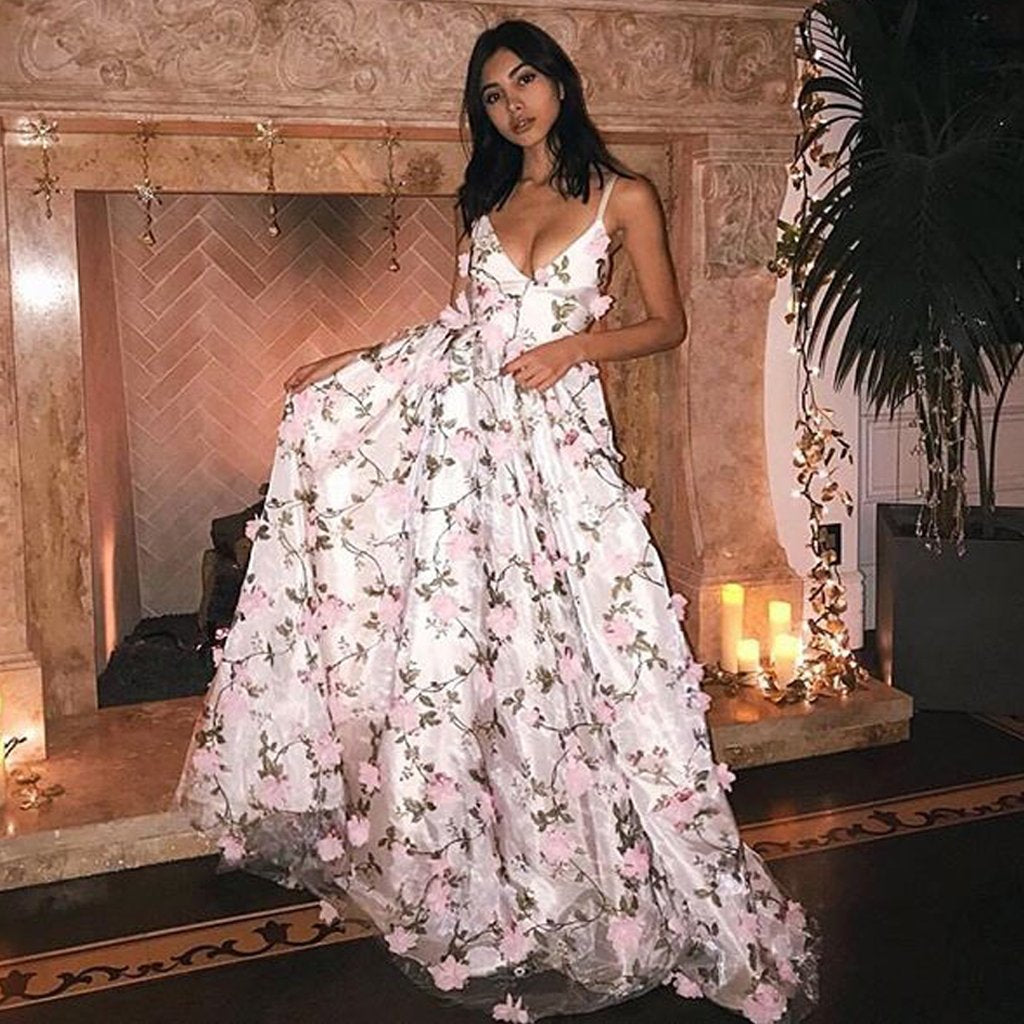 A Line V Neck Backless Pink Floral Lace Prom Dresses, Pink 3D Flower L jbydress A Line V Neck Backless Pink Floral Lace Prom Dresses, Pink 3D Flower L jbydress
