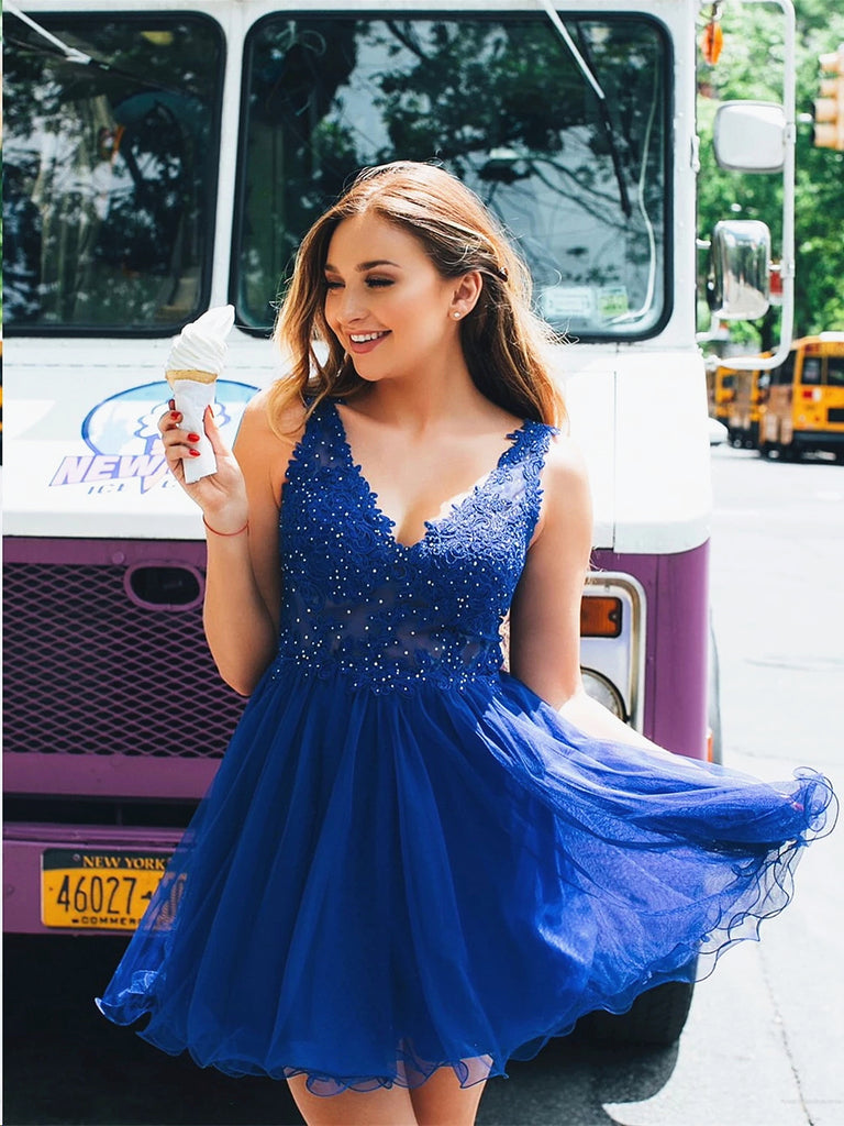 A Line V Neck Backless Short Royal Blue Lace Prom Dresses, Short Royal jbydress A Line V Neck Backless Short Royal Blue Lace Prom Dresses, Short Royal jbydress