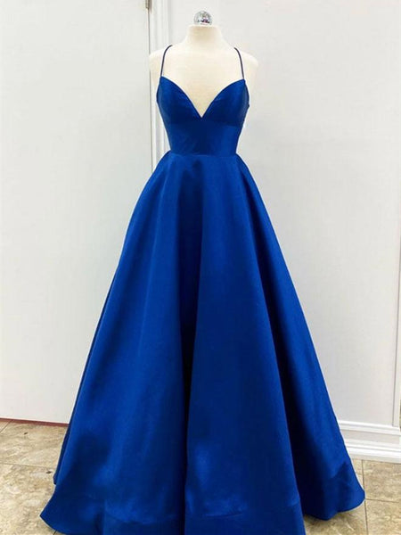 A Line V Neck Backless Royal Blue Satin Prom Dresses, Open Back Royal Blue Formal Evening Dresses
