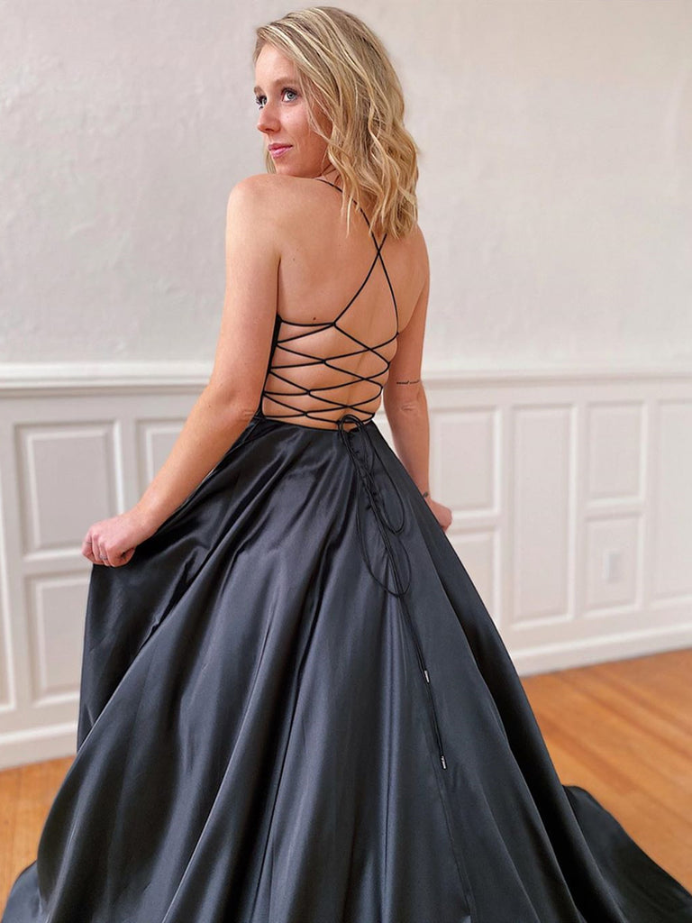 A Line V Neck Black Backless Satin Prom Dresses, Black Open Back Long jbydress A Line V Neck Black Backless Satin Prom Dresses, Black Open Back Long jbydress