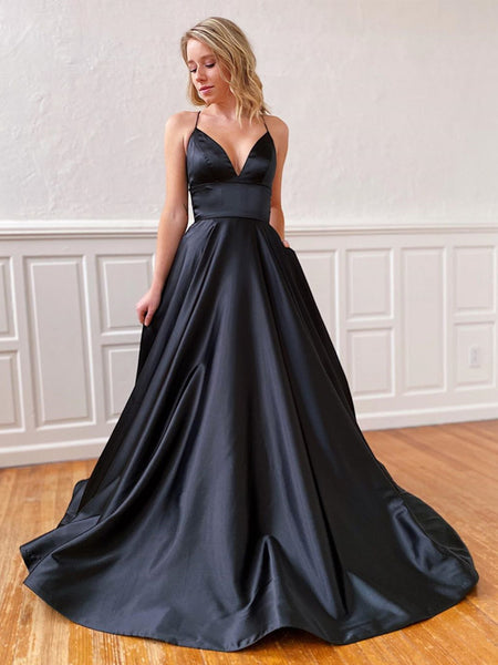 A Line V Neck Black Backless Satin Prom Dresses, Black Open Back Long