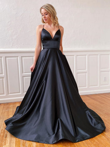 A Line V Neck Black Backless Satin Prom Dresses, Black Open Back Long Formal Evening Dresses