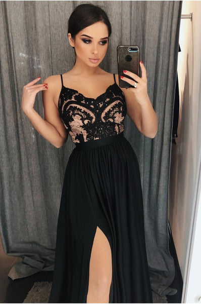 A Line V Neck Black Lace Prom Dress, Black Lace Formal Evening Dresses