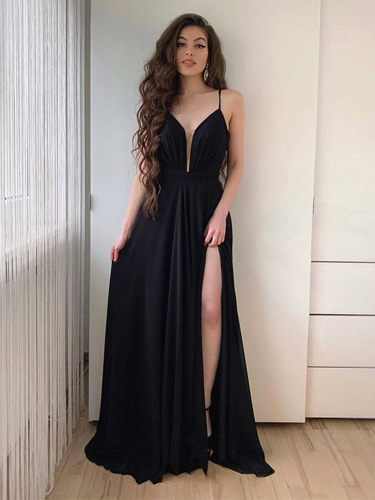 A Line V Neck Black Long Prom Dresses, Black V Neck Long Formal Evening Dresses