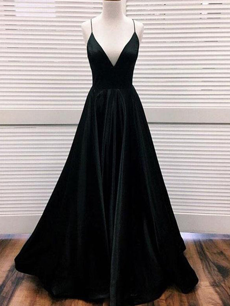 A Line V Neck Black Satin Prom Dresses Long, Black V Neck Satin Formal jbydress A Line V Neck Black Satin Prom Dresses Long, Black V Neck Satin Formal jbydress