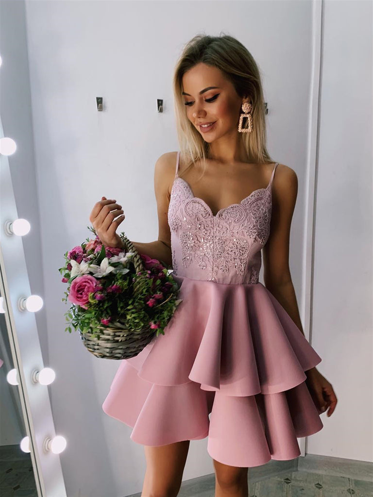 A Line V Neck Blush Pink Short Lace Prom Dresses, Short Blush Pink Lac ...