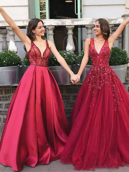A Line V Neck Burgundy Beaded Prom Dresses, Wine Red V Neck Tulle Formal Evening Dresses