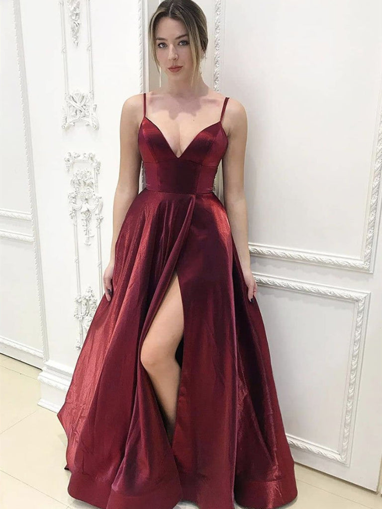 A Line V Neck Burgundy Long Prom Dresses with Leg Slit, Wine Red Long Formal Evening Graduation Dresses