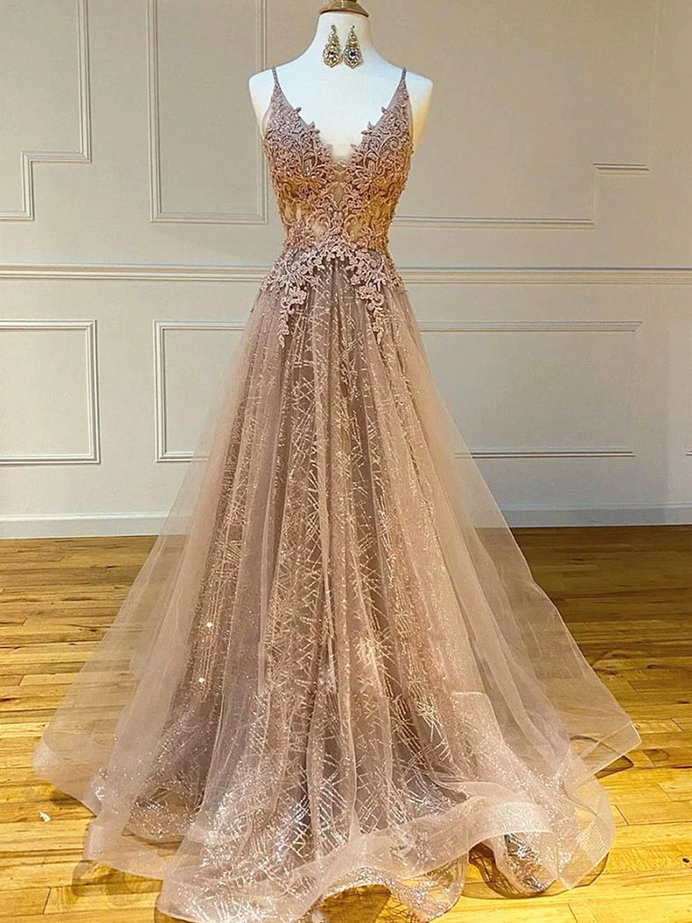 A Line V Neck Champagne Lace Prom Dresses, Champagne Lace Formal