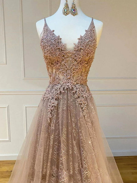 A Line V Neck Champagne Lace Prom Dresses, Champagne Lace Formal Evening Dresses