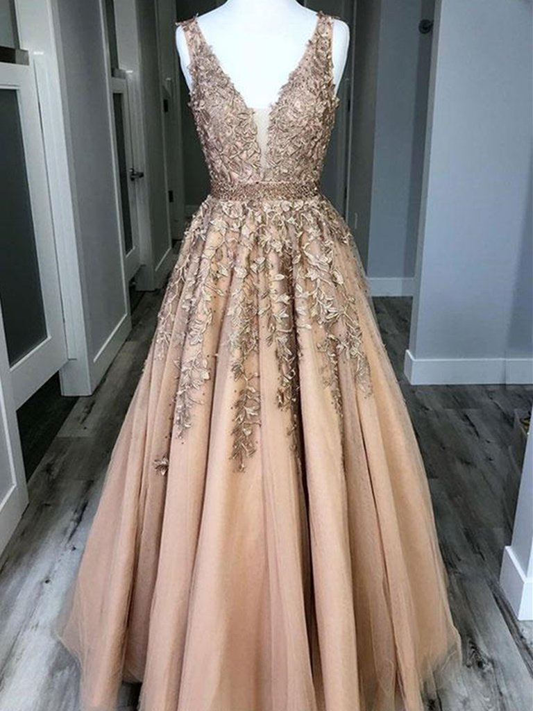 A Line V Neck Champagne Lace Prom Dresses, Champagne Lace Formal Gradu jbydress A Line V Neck Champagne Lace Prom Dresses, Champagne Lace Formal Gradu jbydress