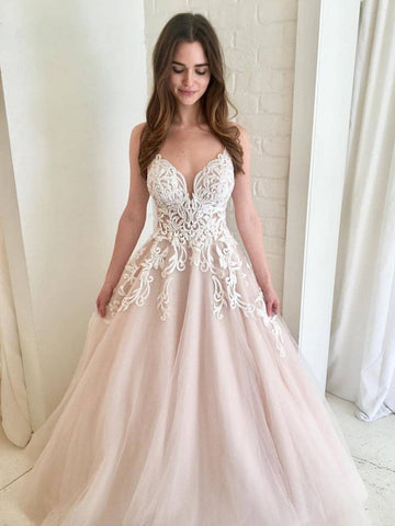 A Line V Neck Champagne Tulle Prom Dresses with White Lace, Long Lace Wedding Dress Formal Dresses