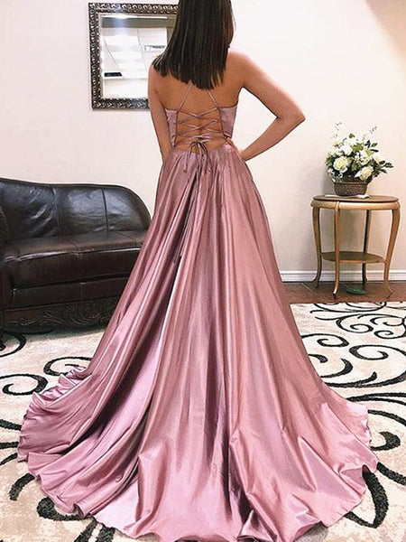 A Line V Neck Dusty Pink Prom Dresses with Corset Back, Dusty Pink Formal Evening Dress with Train