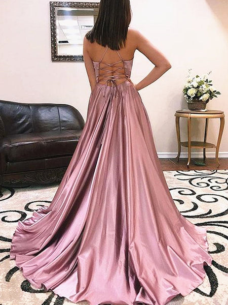 A Line V Neck Dusty Pink Prom Dresses with Corset Back, Dusty Pink For