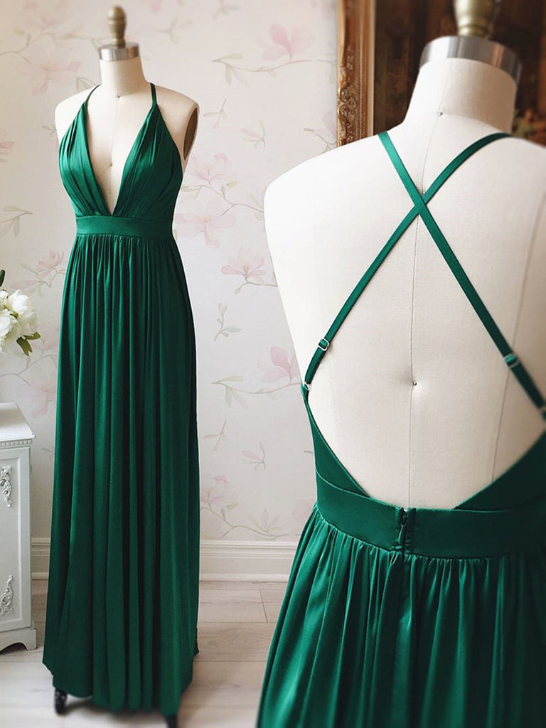 A Line V Neck Emerald Green Backless Prom Dresses, V Neck Emerald Green Backless Long Formal Evening Dresses