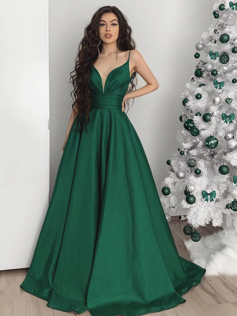 A Line V Neck Emerald Green Long Prom Dresses, Green V Neck Long