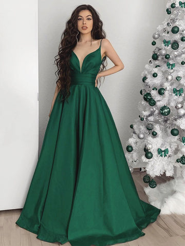 A Line V Neck Emerald Green Long Formal Dresses, Green V Neck Long Formal Evening Dresses