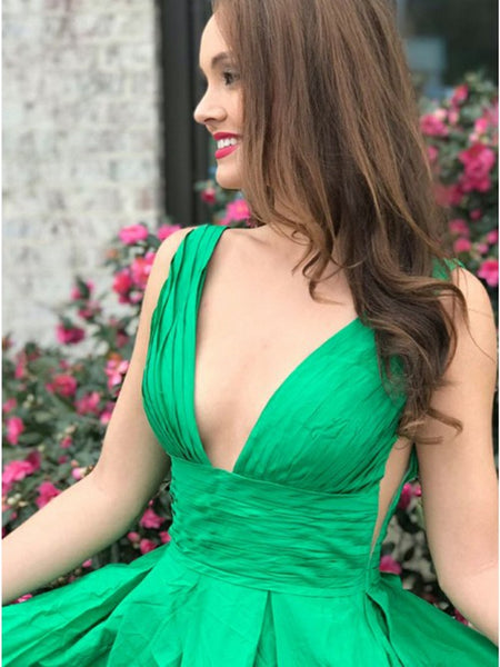 A Line V Neck Floor Length Green Prom Dress with Pleats, Green V Neck Formal Evening Dresses Long