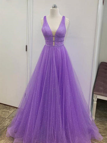 A Line V Neck Floor Length Purple Prom Dresses, V Neck Purple Long Formal Evening Dresses
