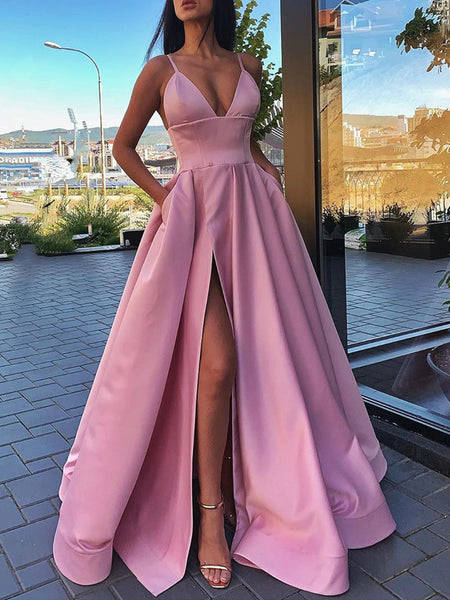 A Line V Neck Gray Red Pink Prom Dresses, Gray Pink Red Formal Evening Dresses