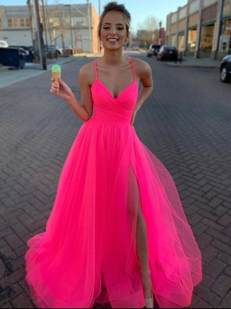 A Line V Neck Hot Pink Tulle Prom Dresses, Hot Pink Tulle Formal Eveni jbydress A Line V Neck Hot Pink Tulle Prom Dresses, Hot Pink Tulle Formal Eveni jbydress