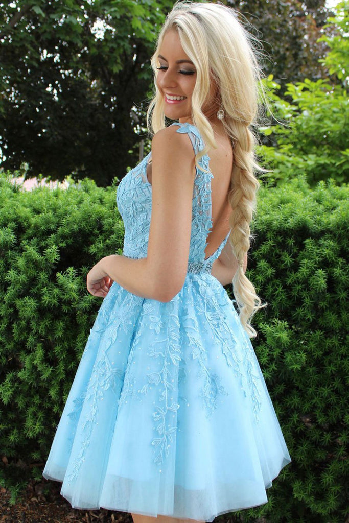 A Line V Neck Ice Blue Short Lace Prom Dress, Ice Blue Short Lace Home jbydress A Line V Neck Ice Blue Short Lace Prom Dress, Ice Blue Short Lace Home jbydress