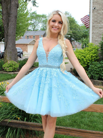 A Line V Neck Ice Blue Short Lace Prom Dress, Ice Blue Short Lace Homecoming Graduation Dresses