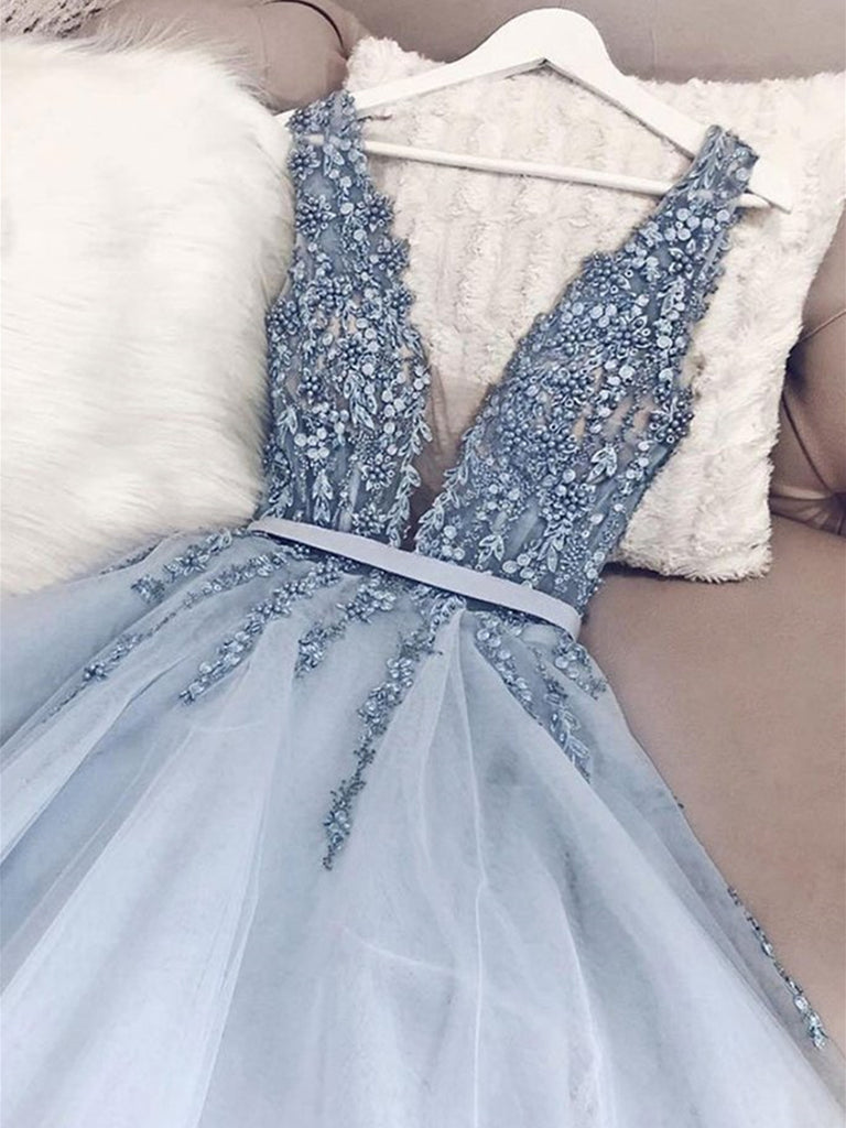 A Line V Neck Light Blue Beaded Tulle Prom Dresses Long, V Neck Long B jbydress A Line V Neck Light Blue Beaded Tulle Prom Dresses Long, V Neck Long B jbydress