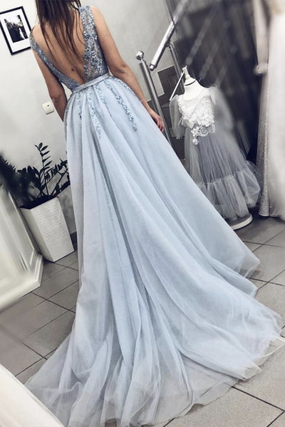 A Line V Neck Light Blue Beaded Tulle Prom Dresses Long, V Neck Long Blue Formal Evening Dresses