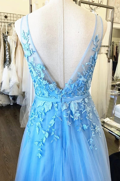 A Line V Neck Light Blue Lace Prom Dresses, V Neck Sky Blue Lace Formal Evening Dresses