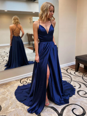 A Line V Neck Navy Blue Backless Long Prom Dresses, Open Back Dark Blue Formal Evening Dresses