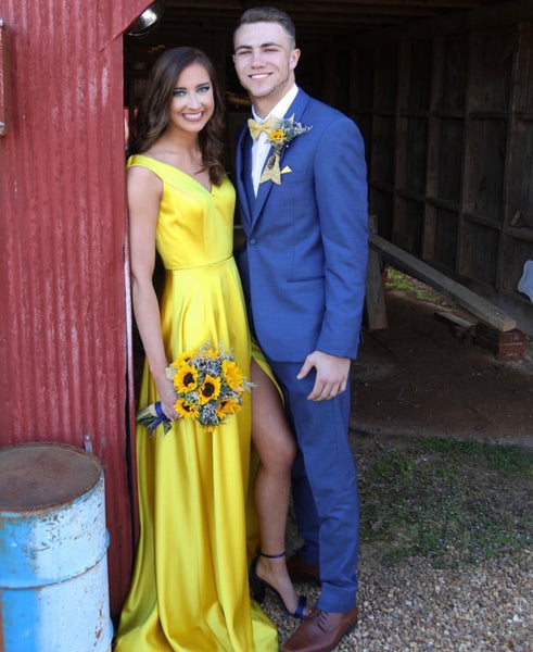 A Line V Neck Off Shoulder Yellow Prom Dress with Leg Slit, Yellow Lon ...