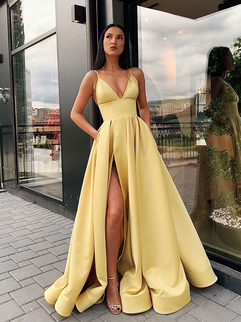 A Line V Neck Open Back Yellow Prom Dress with Leg Slit, Yellow V Neck jbydress A Line V Neck Open Back Yellow Prom Dress with Leg Slit, Yellow V Neck jbydress
