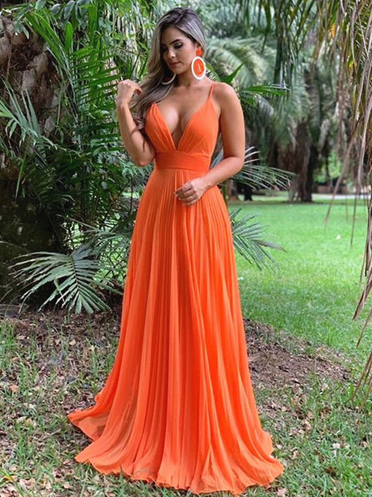 A Line V Neck Orange Backless Prom Dresses, Open Back Orange Formal Evening Dresses