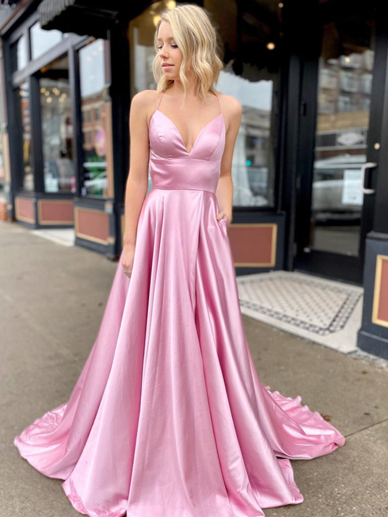 A Line V Neck Pink Backless Long Prom Dress, Pink Open Back Fomal Grad jbydress A Line V Neck Pink Backless Long Prom Dress, Pink Open Back Fomal Grad jbydress